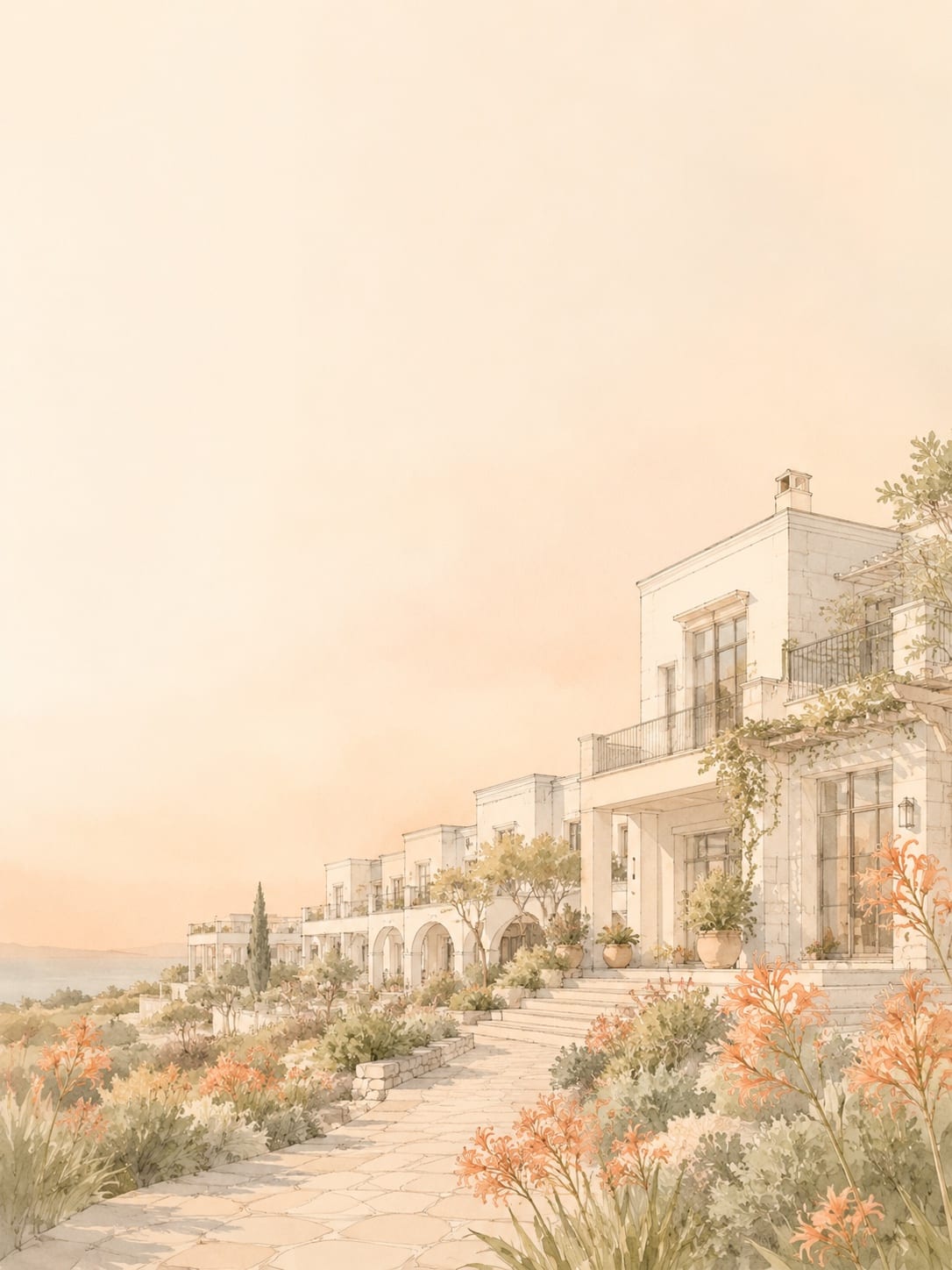 A watercolour of a cliffside hotel at dusk, nerine lilies along the path to its steps.